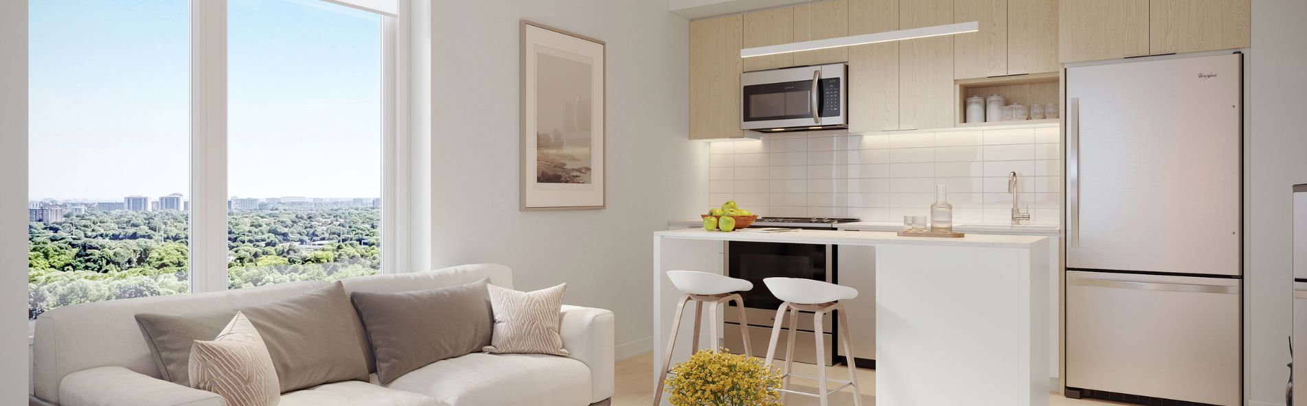 Living room and open concept kitchen of a Richview, Etobicoke apartment. 610 Martin Grove by Minto Apartments. slider-img